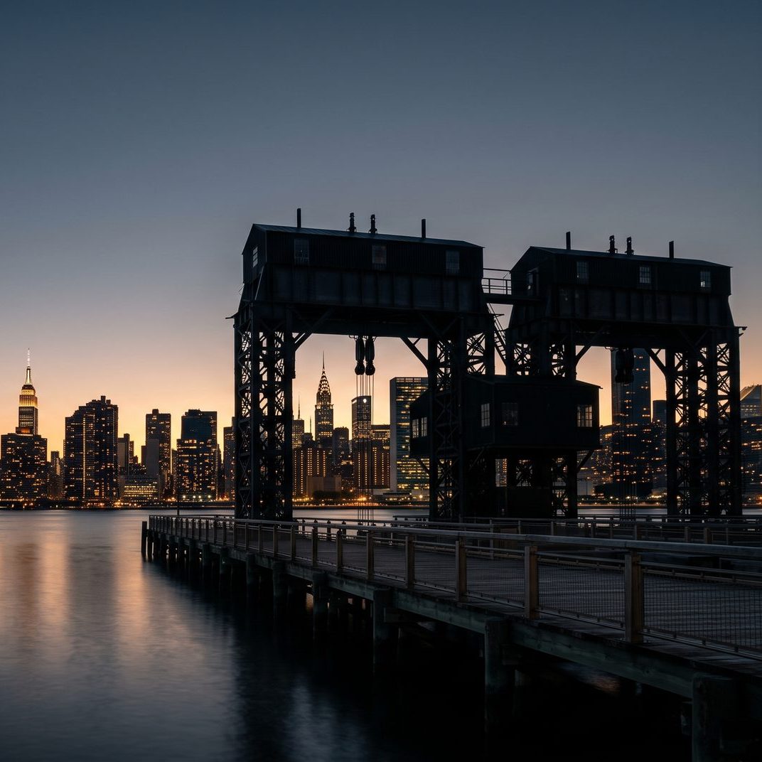 Rendered illustration of the Gantry Plaza gantries in Long Island City at dusk, with the Manhattan skyline across the river